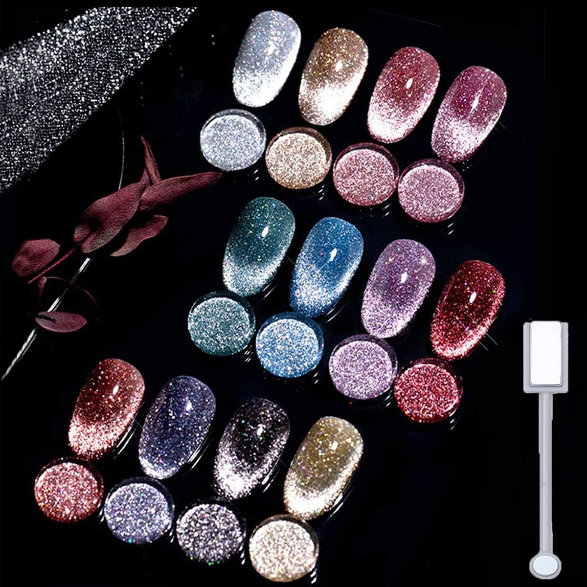 VERONNI Reflective Glitter Cat Eye Gel Nail Polish Set Sparkling Diamond Gel Nail Polish, Magnetic Gel Polish Set Sparkle Shiny UV LED Varnish Soak Off UV Gel Nail Art Set (12 Color) with Magnet