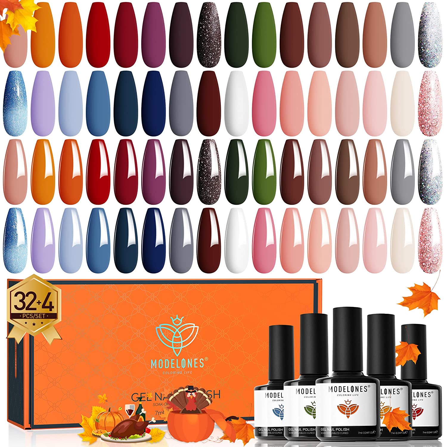Modelones 36 Pcs Gel Nail Polish Kit, with Bond Primer Matte& Glossy Top Base Coat, Fall Autumn Pink Nude Brown Orange Green Color Gel Polish Set Soak Off Starter Nail Gel Kit Manicure Gift for Women