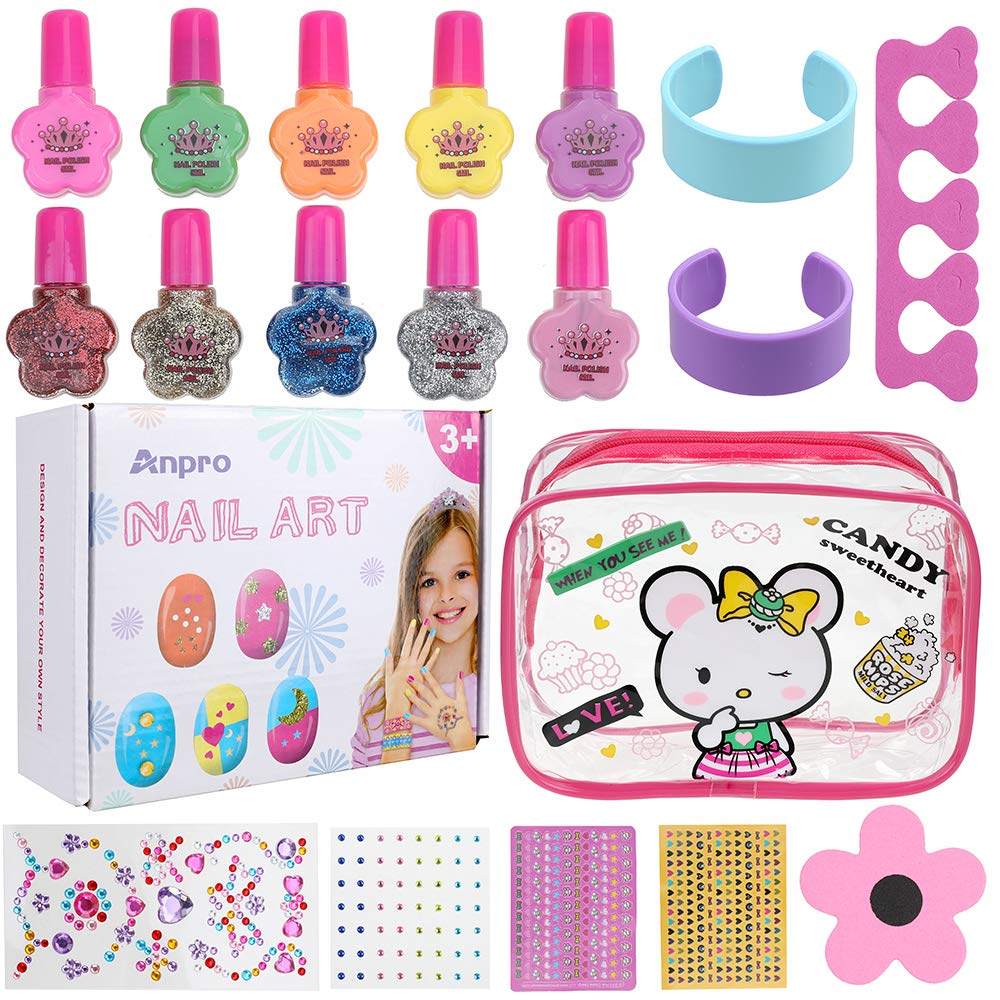 Kids Nail Polish,Anpro Nail Art Kit, Quick-Dry and Peel-Off Nail Varnish Set with 6 Solid Color,4 Shiny Color and Abundant ,Gift for Girls Over 3 Years Old