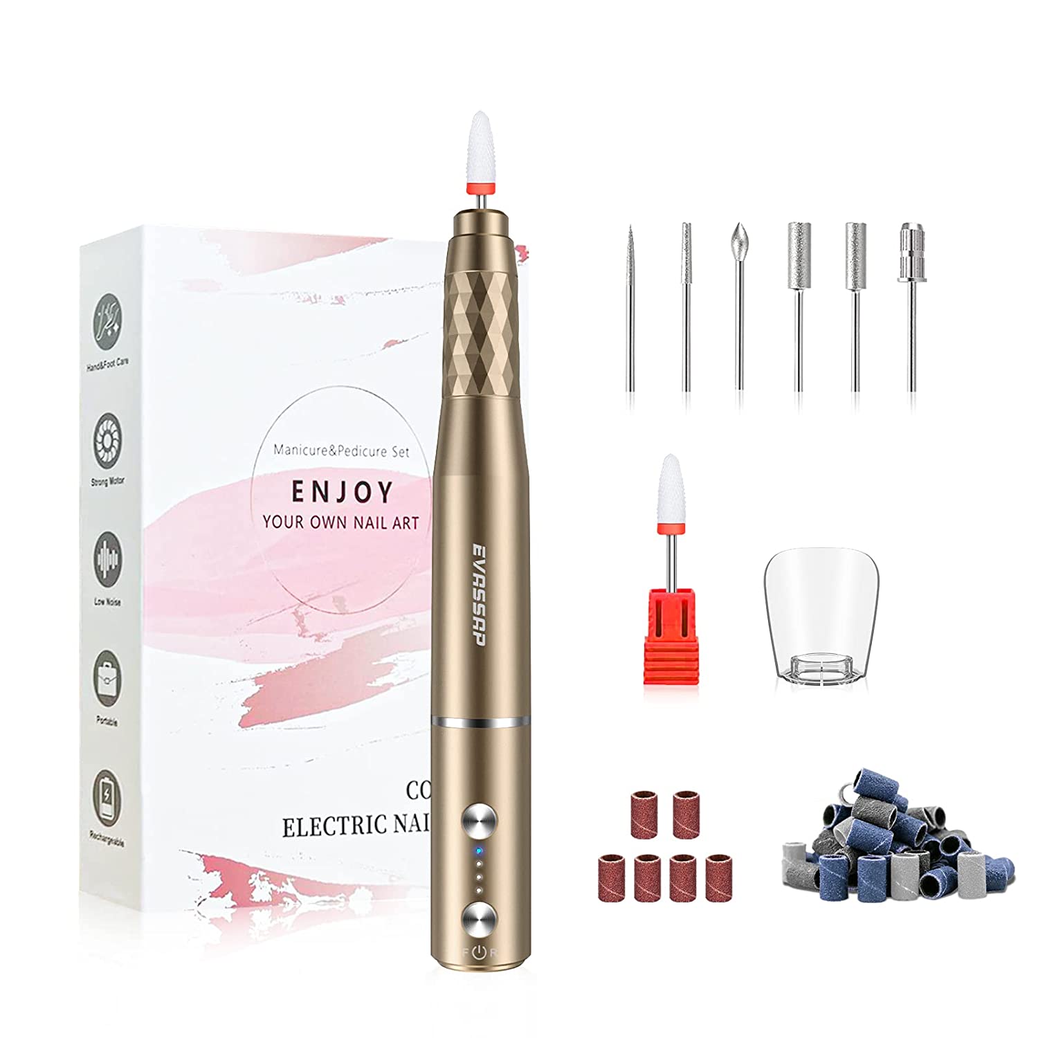 EVASSAP Cordless Electric Nail Drill Set, Portable Rechargeable Electric Nail Drill Machine, Excellent Home Use Manicure Pedicure Tool for Acrylic Gel Nail and Nature Nail(Gold)