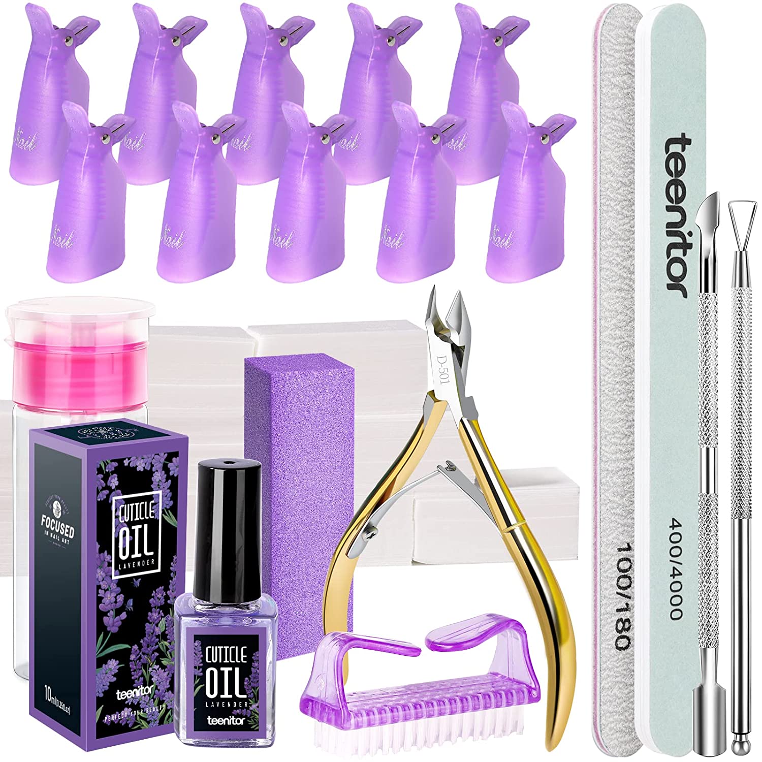 Teenitor Nail Gel Polish Dipping Powder Remover Tools Kit with Nail Clips Nail Remover Pads Cuticle Oil Nail Brushes Nail File Buffer Block Nail Clipper Cuticle Peeler Scraper Pusher and Cutter