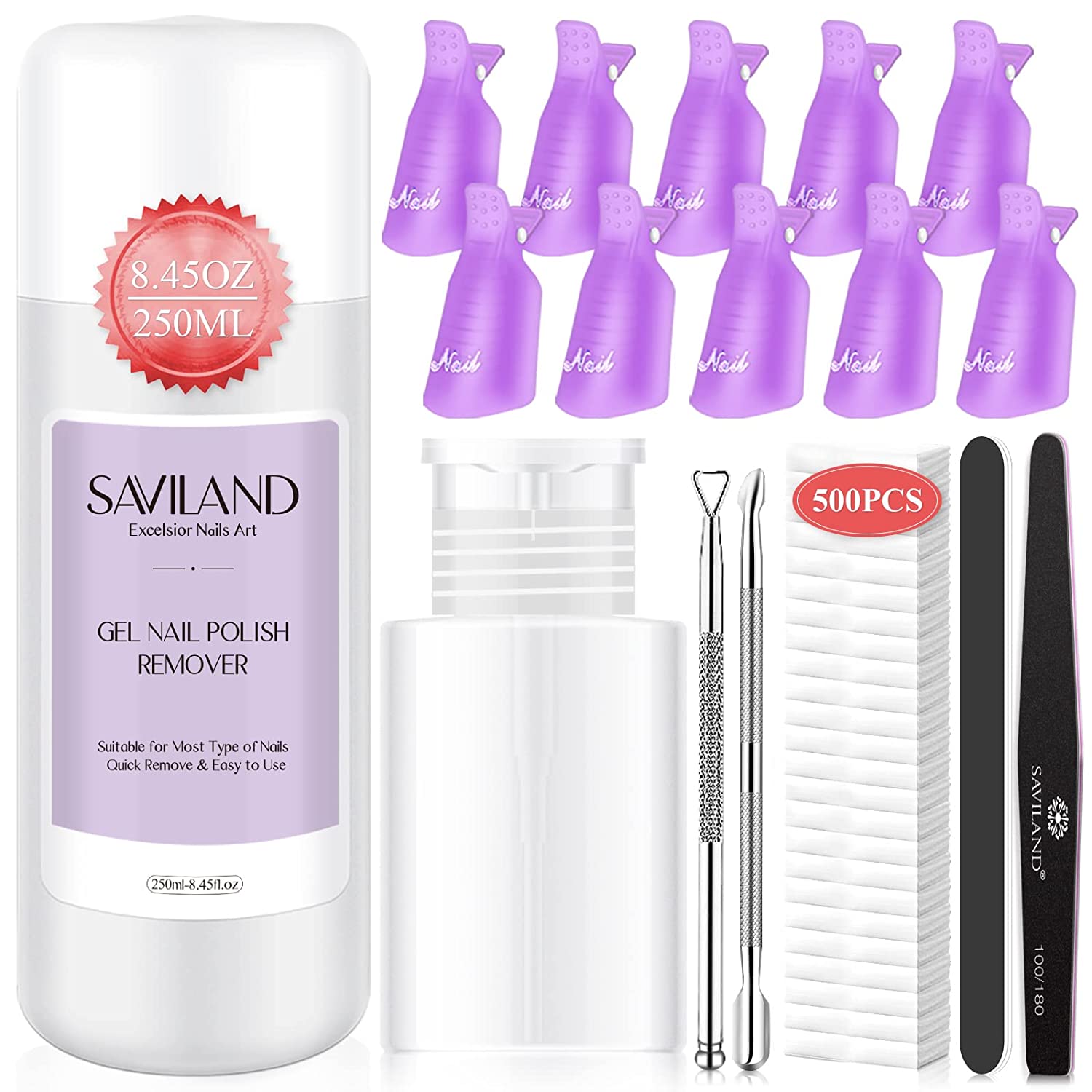 Saviland 250ML Gel Nail Polish Remover Kit - Nail Polish Remover with Nail Clips, Nail Tools,Cuticle Pusher, 500PCS Cotton Pad Nail Remover Manicure Kit for Salon Home DIY