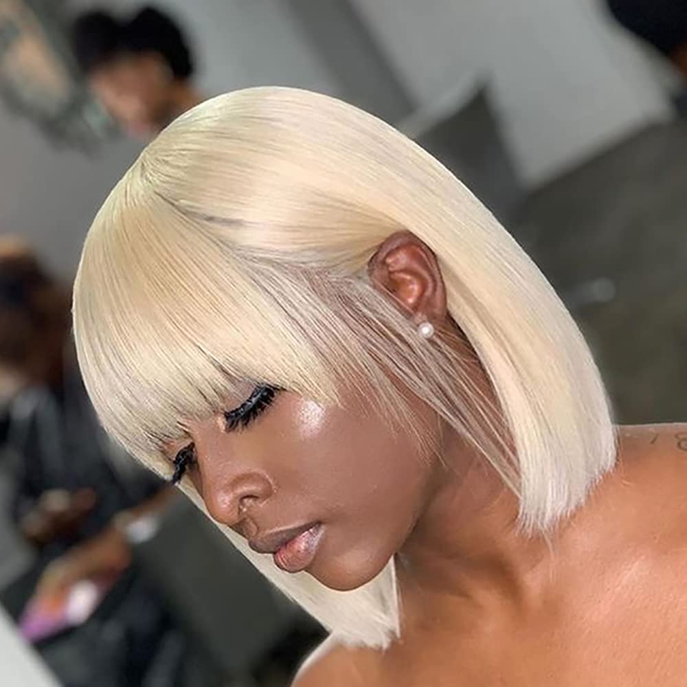 Besteffie Blonde Bob Wig With Bangs Short Bob Wigs For Black Women Human Hair 100% Brazilian Virgin Hair 10 inch Straight Hair Machine Made Bob Wig 613 Color Wigs
