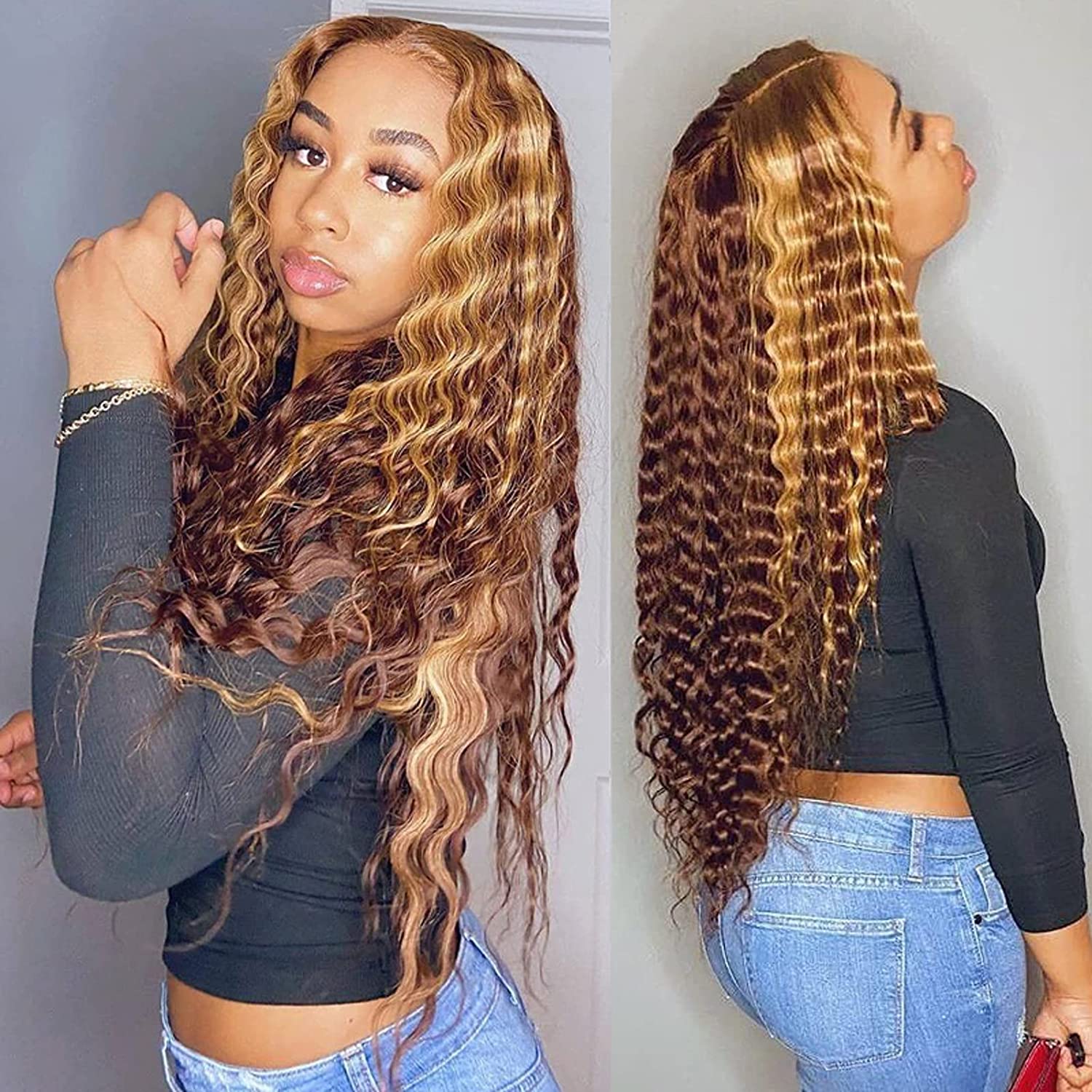 BLY Highlight Human Hair Lace Front Wigs Deep Wave #4/27 Ombre Colored Glueless Wigs Pre Plucked 18 Inch 4x4 Transparent Curly Water Wave Lace Wig Honey Blonde Real Human Hair 180% Density