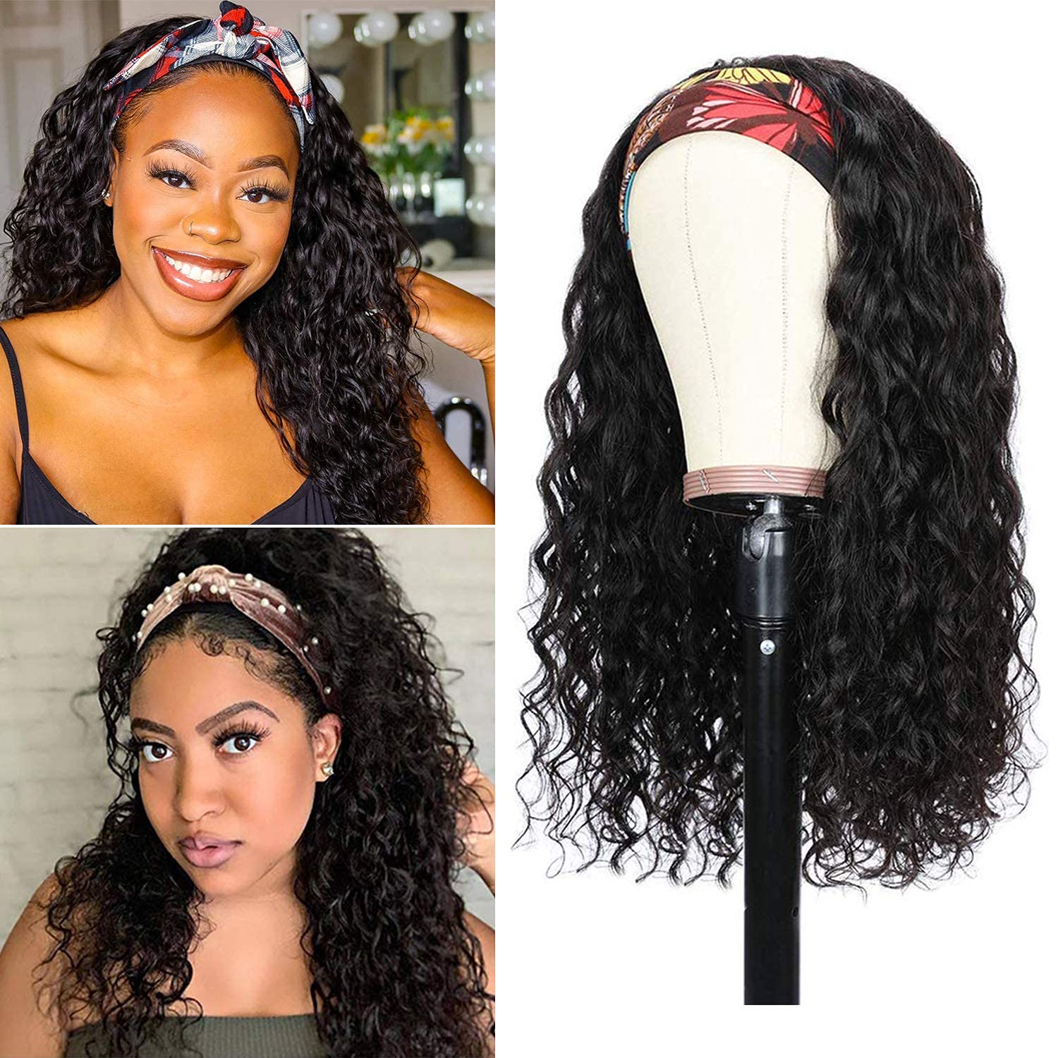Bworto Water Wave Headband Wig Human Hair Wigs for Black Women Wet and Wavy Human hair Curly Headband Wigs Glueless None Lace Front Wigs 150% Density (20 Inch)