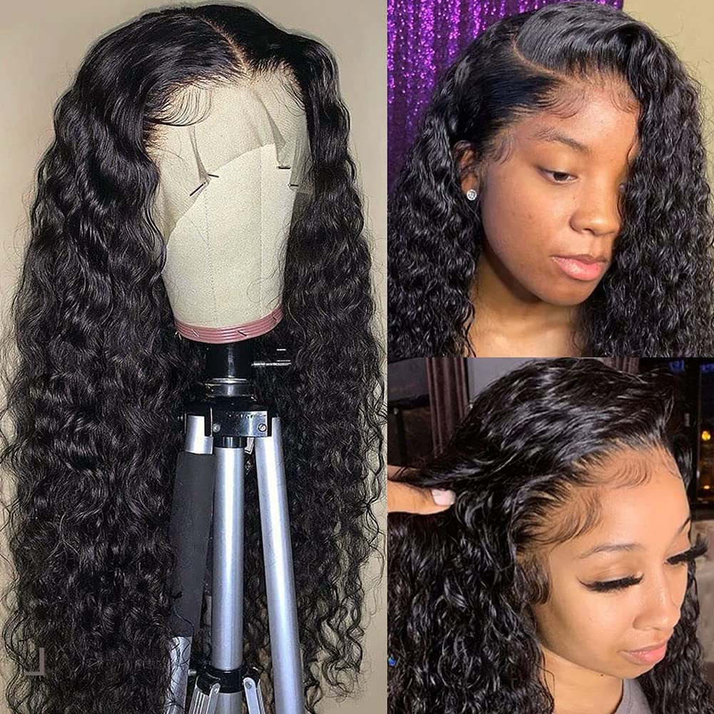 Alibeauty 13x4 HD Transparent Lace Front Wigs Human Hair Pre Plucked Hairline with Baby Hair 180 Density Brazilian Water Wave Human Hair Wigs for Black Women(20 Inch)
