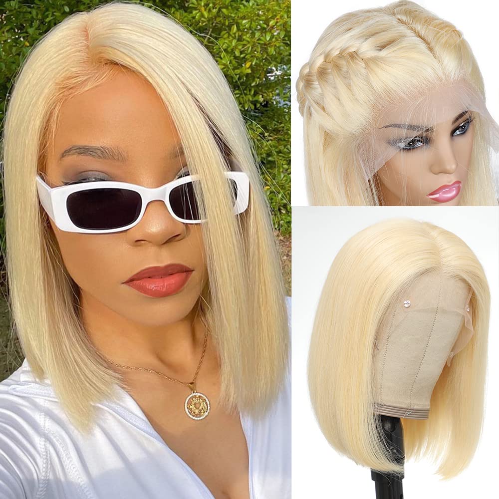 Otinid Blonde Bob Wig Human Hair13x4 HD 613 Bob Transparent Lace Front Wig Human Hair Pre Plucked Straight Bob Wig Bleached Knots 14 Inch Natural Hairline 150% Density