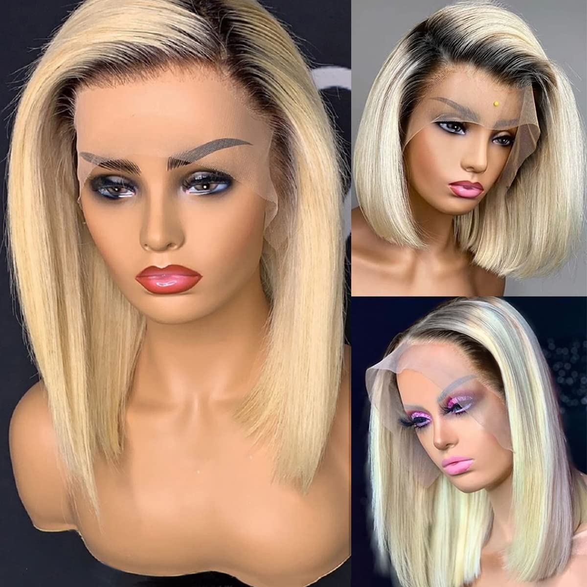 13x4 Short Bob Lace Front Wigs Brazilian Human Hair Ombre Blonde 1B/613 2 Tone Straight Glueless Lace Wig for Black Women Pre Plucked Bleached Knots Unprocessed Virgin Hair 10