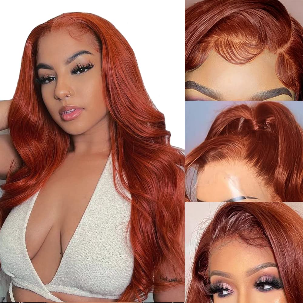 24 Inch Reddish Brown Lace Front Wigs Human Hair 13x4 Lace Front Body Wave Wig Human Hair for Women 150% Density Brazilian Wavy Human Hair Wigs Pre Plucked with Baby Hair Auburn Copper Red 350# Color (Gingre Red Color with Five gifts)
